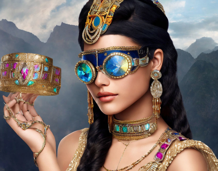 Woman in Egyptian Costume with Jewelry and Sunglasses in Mountainous Setting