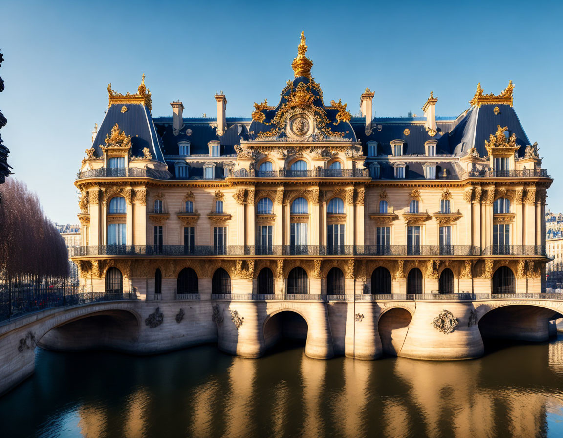 French Baroque Architecture with Golden Details and Stone Bridges