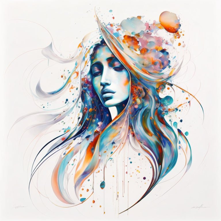 Colorful Abstract Painting: Woman's Face with Swirling Hair