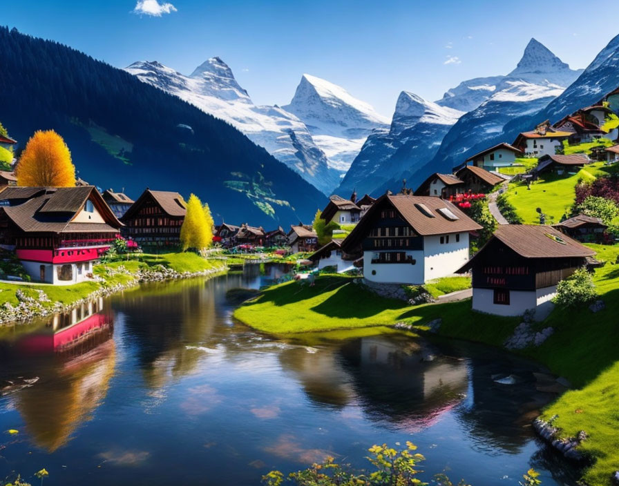 Scenic alpine village with traditional houses, river, meadows, mountains