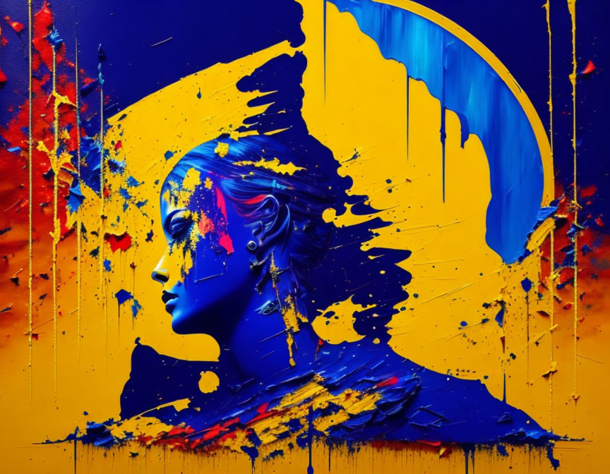 Vibrant blue and yellow abstract profile silhouette artwork