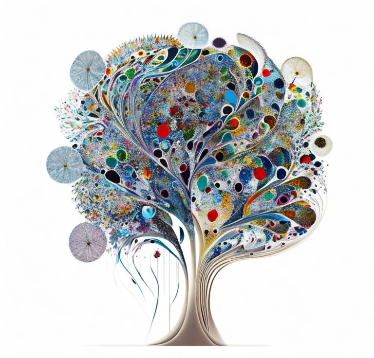 Colorful Tree Artwork with Intricate Patterns and Circular Designs