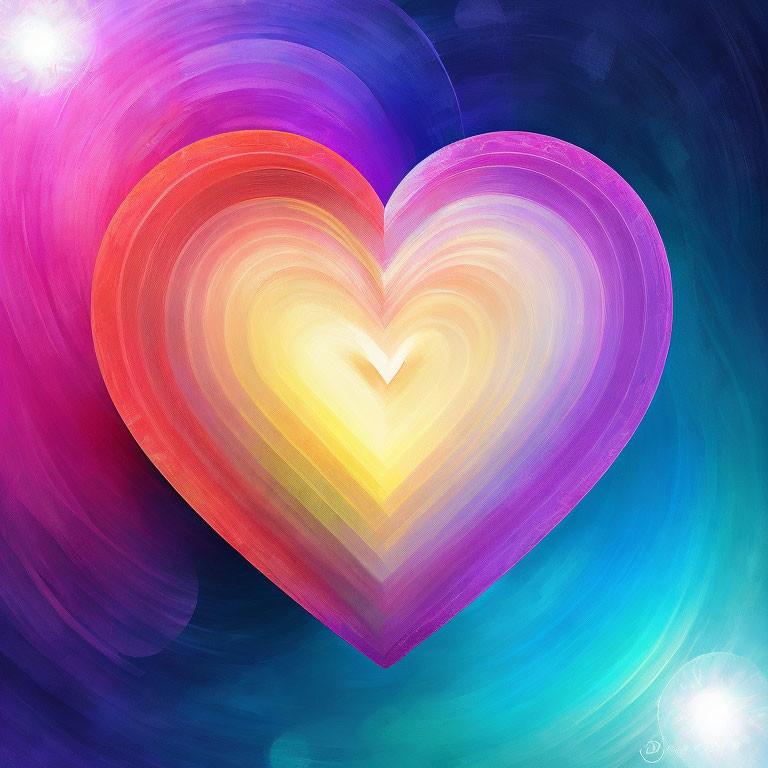 Colorful Heart Digital Painting with Purple to Yellow Gradient on Swirling Blue and Pink Background