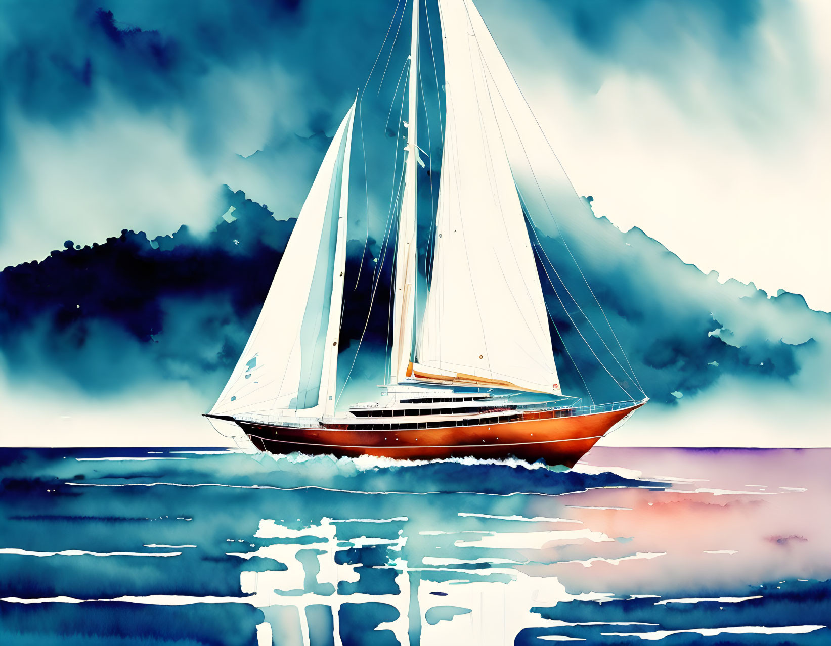 Colorful Stylized Sailing Yacht Illustration on Serene Blue Waters