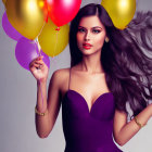 Animated character with long black hair and red eyes holding star-shaped balloon in purple dress.