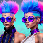 Stylized characters with vibrant blue hair and sunglasses in modern fashion against a sky-blue background