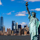 Colorful artistic depiction of New York City skyline with Statue of Liberty and skyscrapers.