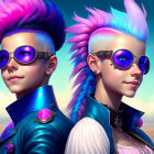 Anime characters with blue and pink hair in futuristic sunglasses under blue sky