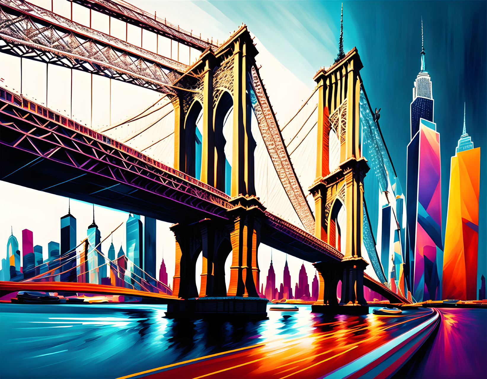 Colorful illustration: Brooklyn Bridge & Manhattan skyline with dynamic lighting