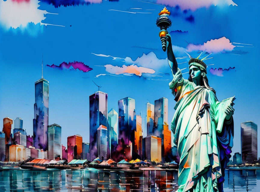 Colorful artistic depiction of New York City skyline with Statue of Liberty and skyscrapers.