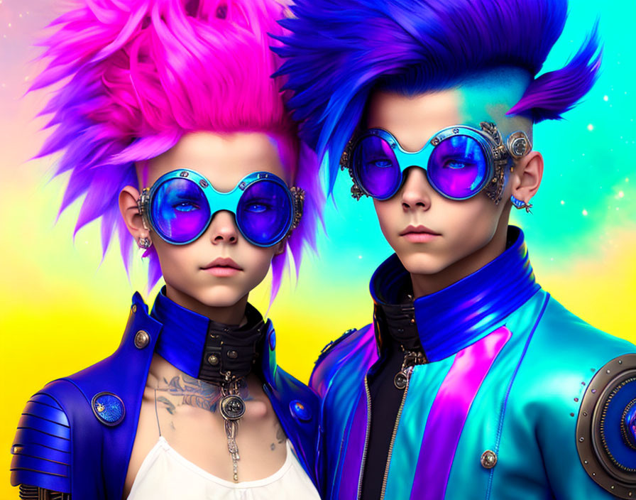 Vibrant Pink and Blue Hair Individuals in Futuristic Fashion on Neon Yellow Background