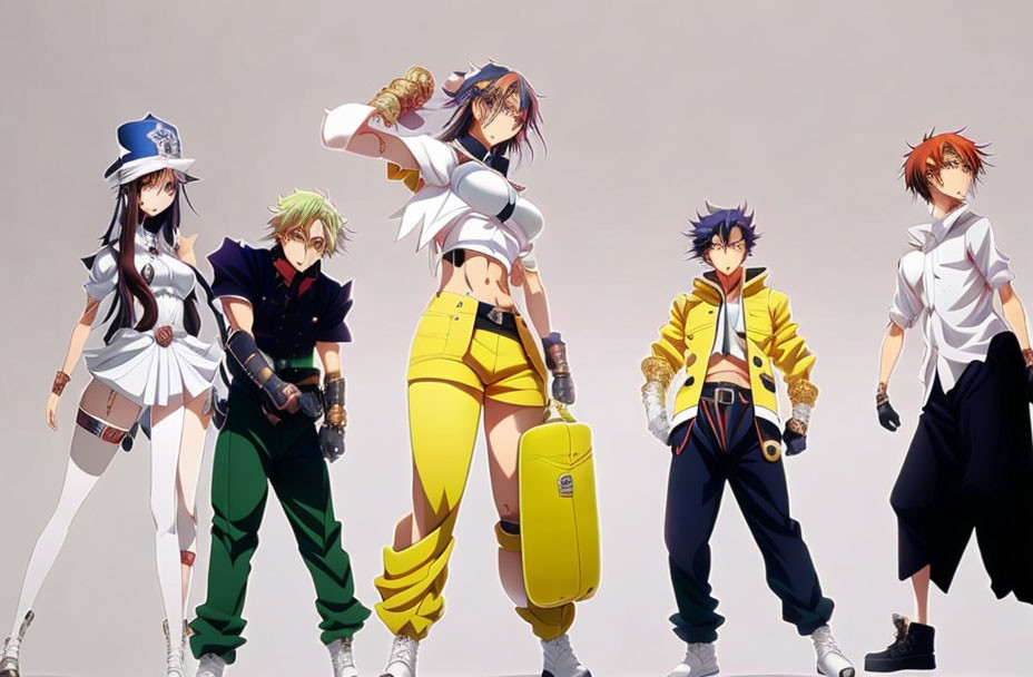 Five animated characters in unique outfits standing confidently on light background