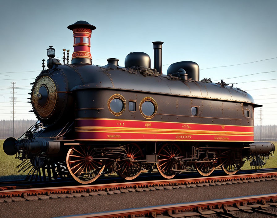 Vintage black steam locomotive with red and gold trim details on tracks in a field at dawn