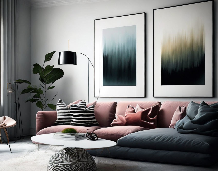 Stylish living room with pink couch, black & white pillows, abstract art, floor lamp,