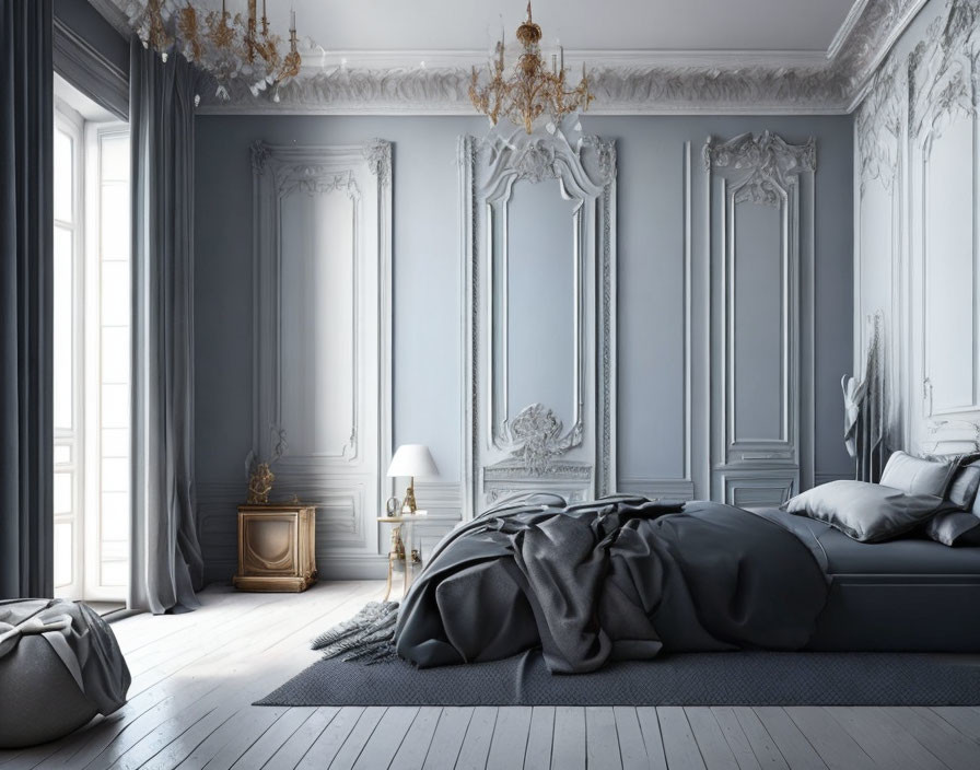 Classic Blue Bedroom with White Moldings, Gray Bedding, Golden Accents