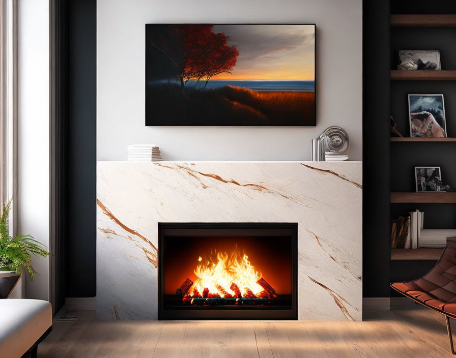 Contemporary living room with landscape painting above fireplace and bookshelf wall.