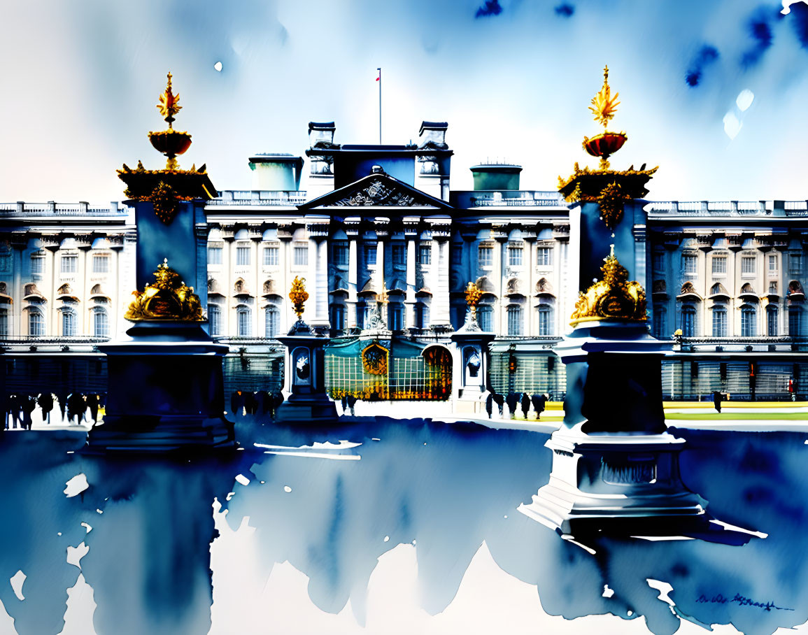 Artistic depiction of Buckingham Palace in blue and gold tones reflecting in water