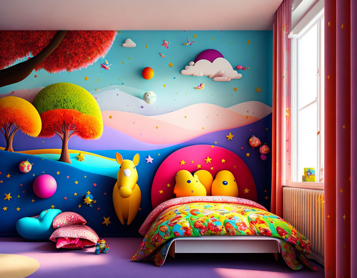 Vibrant Children's Bedroom with Fantasy Landscape Mural