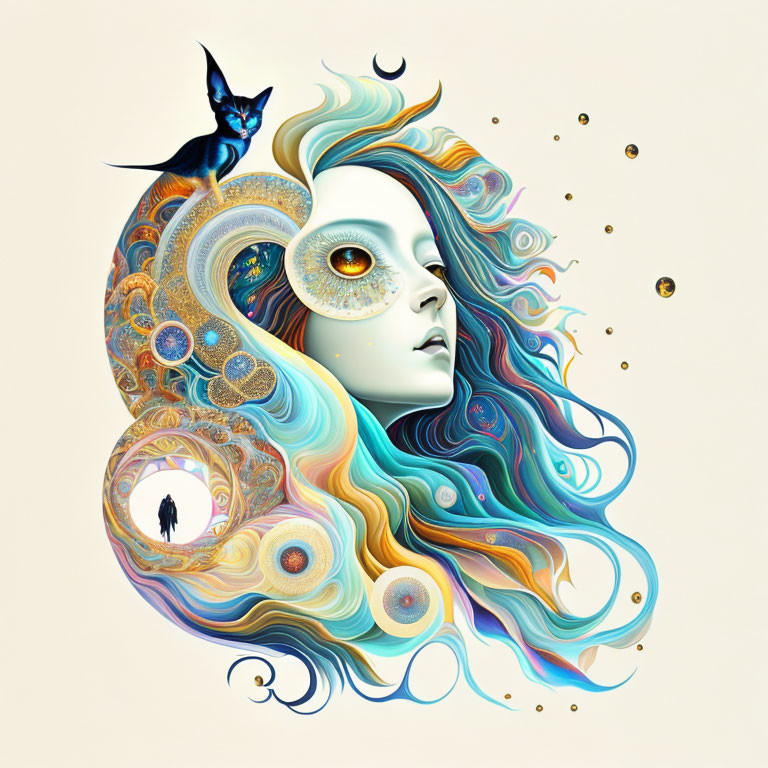 Surreal portrait featuring woman with flowing cosmic hair, orbs, silhouette, and black cat.