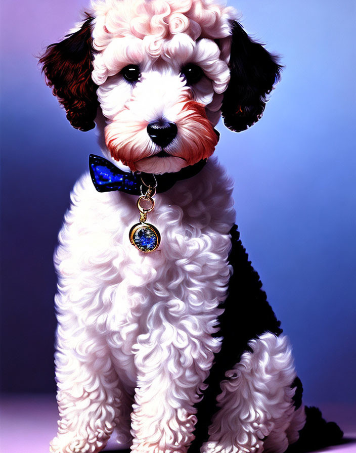 Curly-Haired Dog in Blue Bow Tie and Pendant Portrait