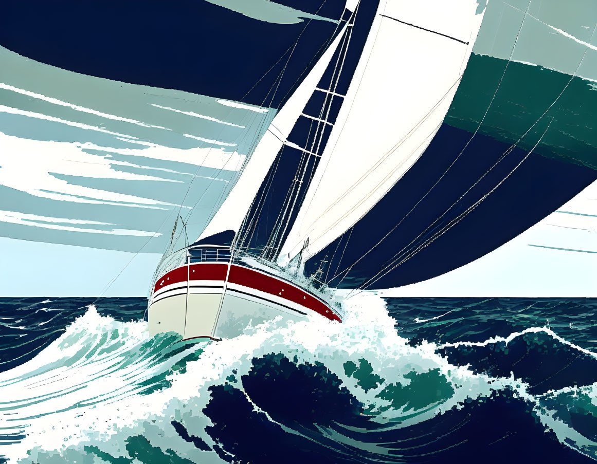 Sailboat digital illustration in turbulent ocean waves