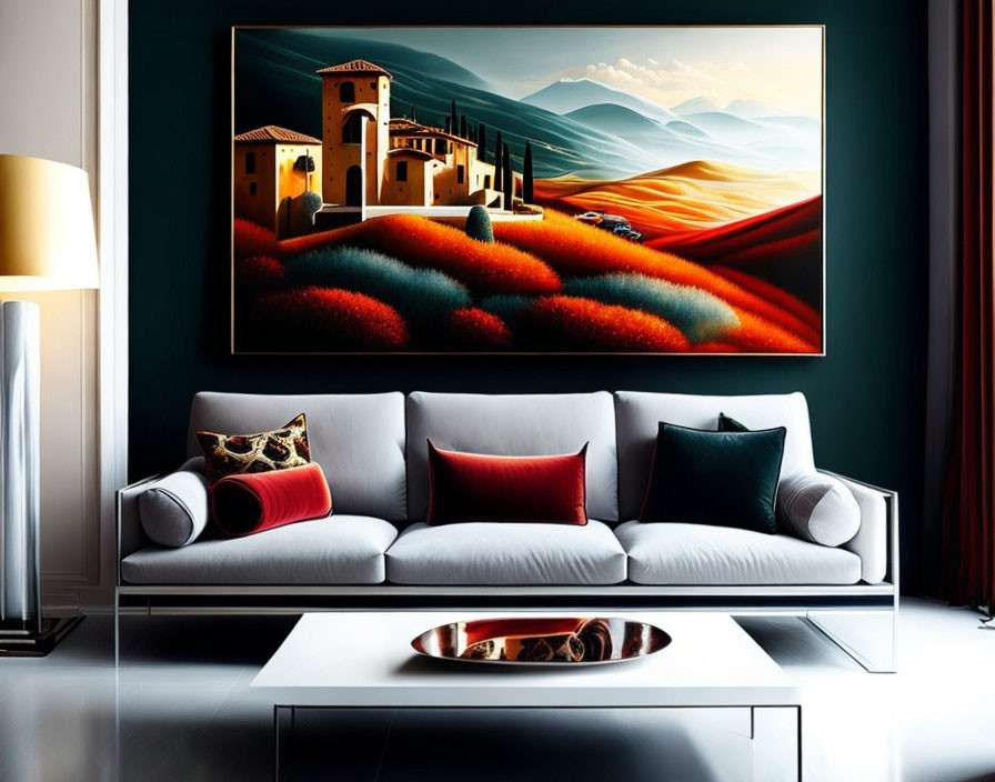 Vibrant landscape painting above gray sofa with red accent pillows