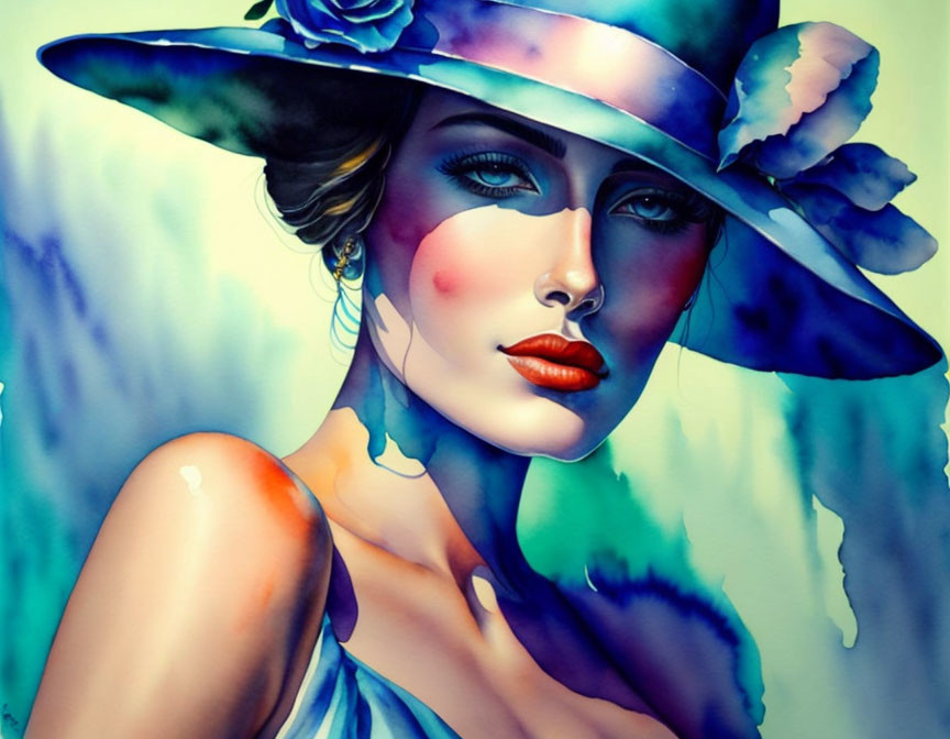 Colorful portrait of a woman in stylish hat with floral accents and bold makeup