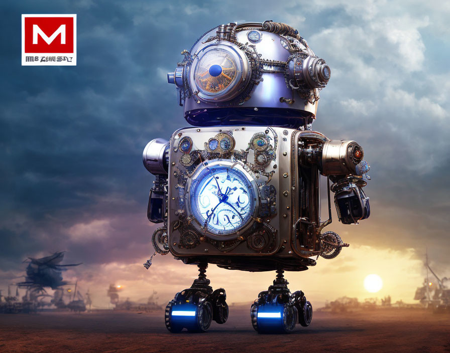 Steampunk robot with gears and clock faces in futuristic setting