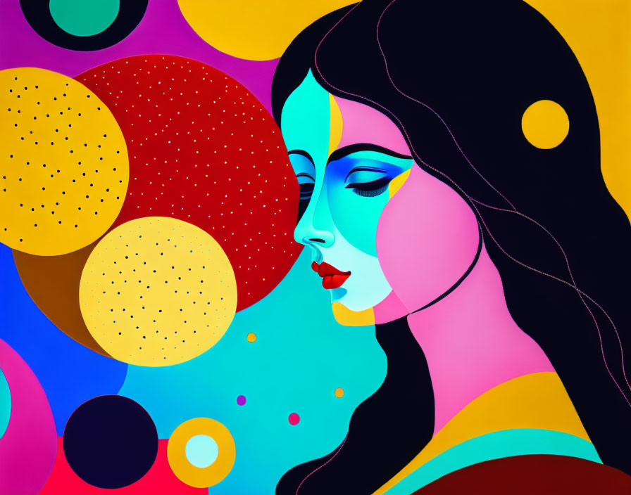 Colorful abstract art: stylized female profile with circles and dots.