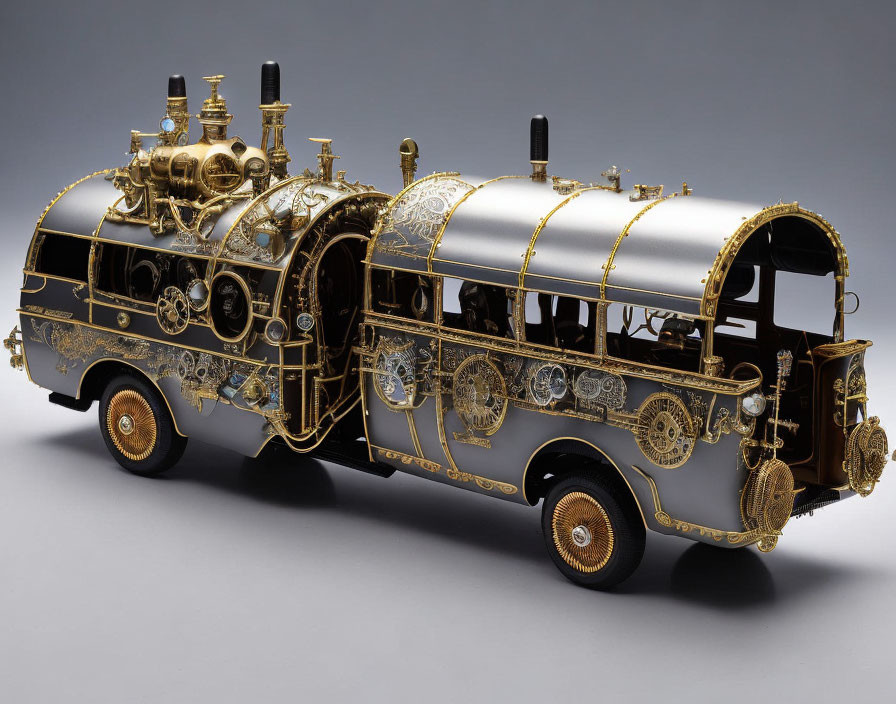 Intricate golden details on steam engine train bus model on grey background