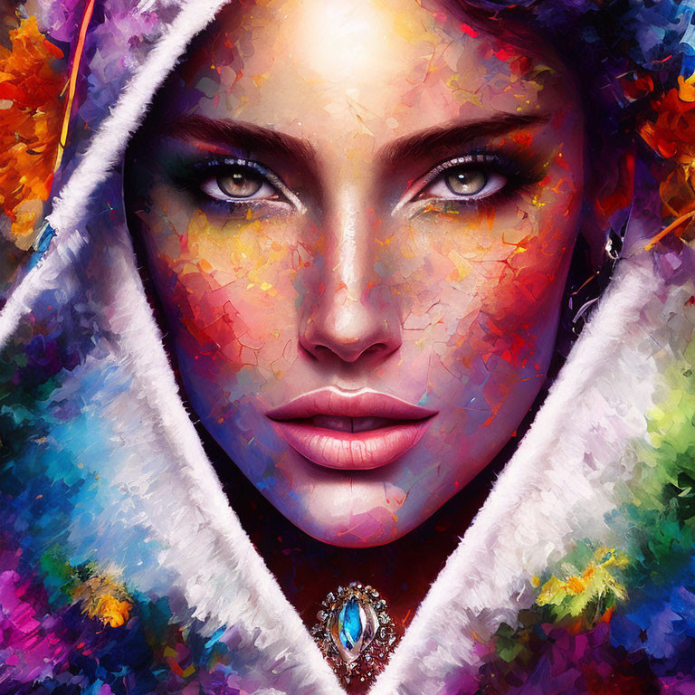 Colorful Digital Portrait of Woman with Blue Eyes and Mosaic Skin Tones