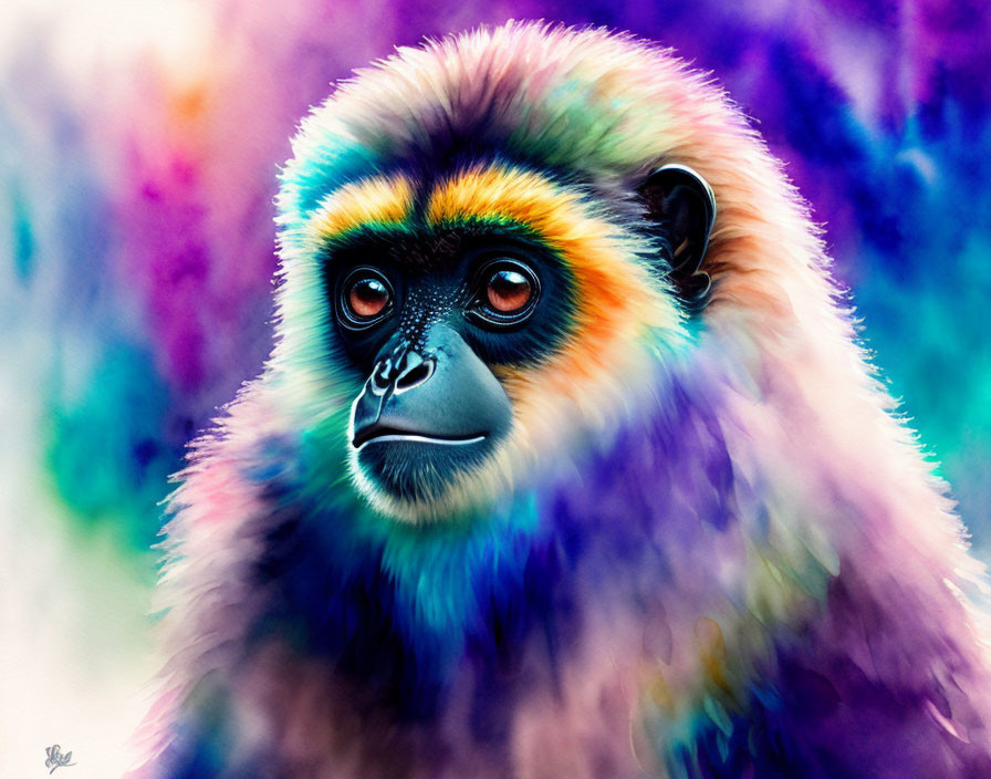 Vibrant digital artwork: Colorful monkey with multicolored fur on abstract background