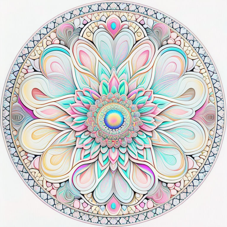 Symmetrical pastel mandala with intricate patterns