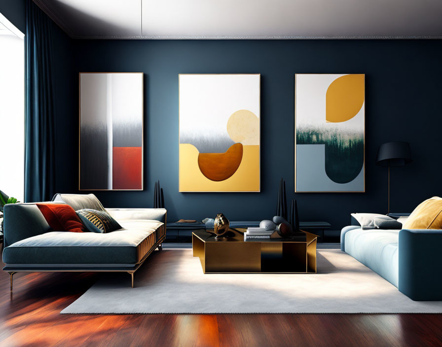 Modern Living Room with Navy Blue Wall, Abstract Paintings, Blue Sofa, Brass Coffee Table, and