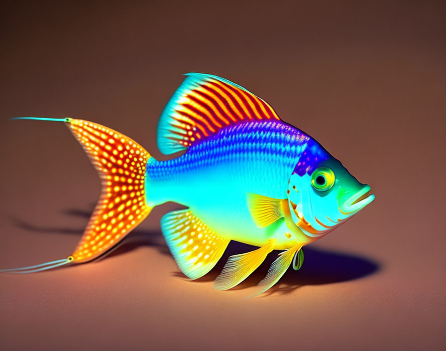 Colorful Fish with Blue, Orange, and Yellow Hues on Brown Background