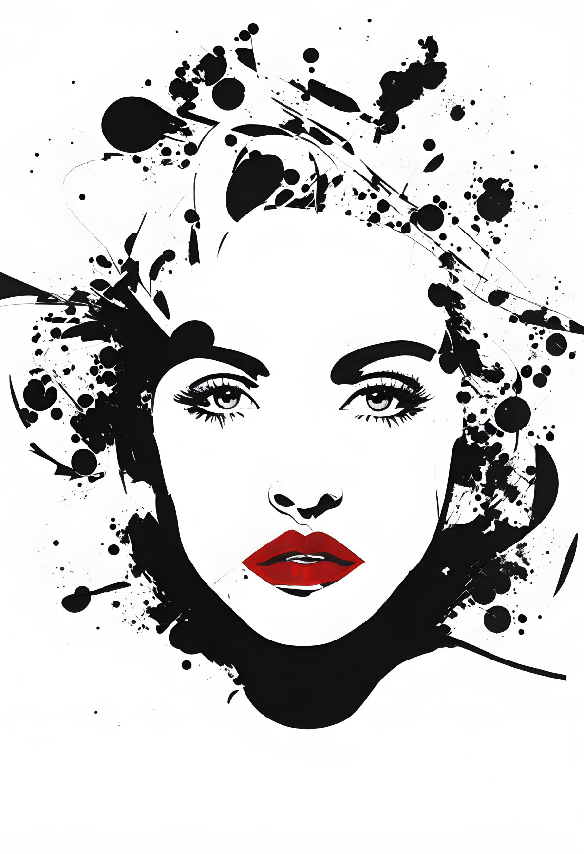 Monochrome illustration of woman's face with bold red lips and abstract black ink splatters