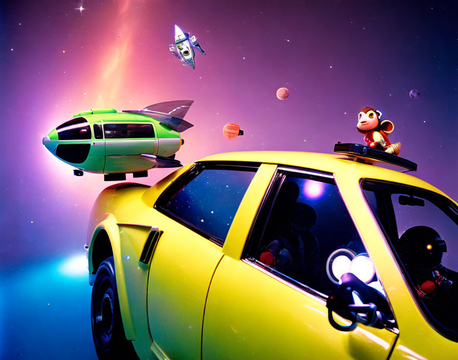 Colorful Space Scene with Buzz Lightyear and Monkey in Yellow Spaceship