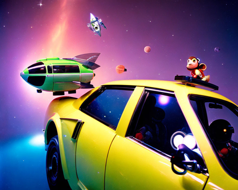 Colorful Space Scene with Buzz Lightyear and Monkey in Yellow Spaceship