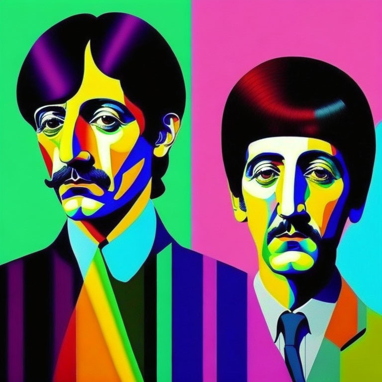 Colorful Pop Art Style Illustration of Two Male Figures with Abstract Patterns on Faces and Suits against