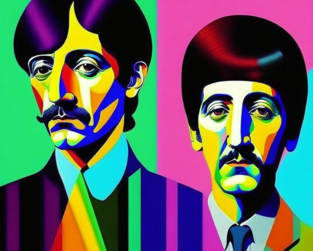 Colorful Pop Art Style Illustration of Two Male Figures with Abstract Patterns on Faces and Suits against