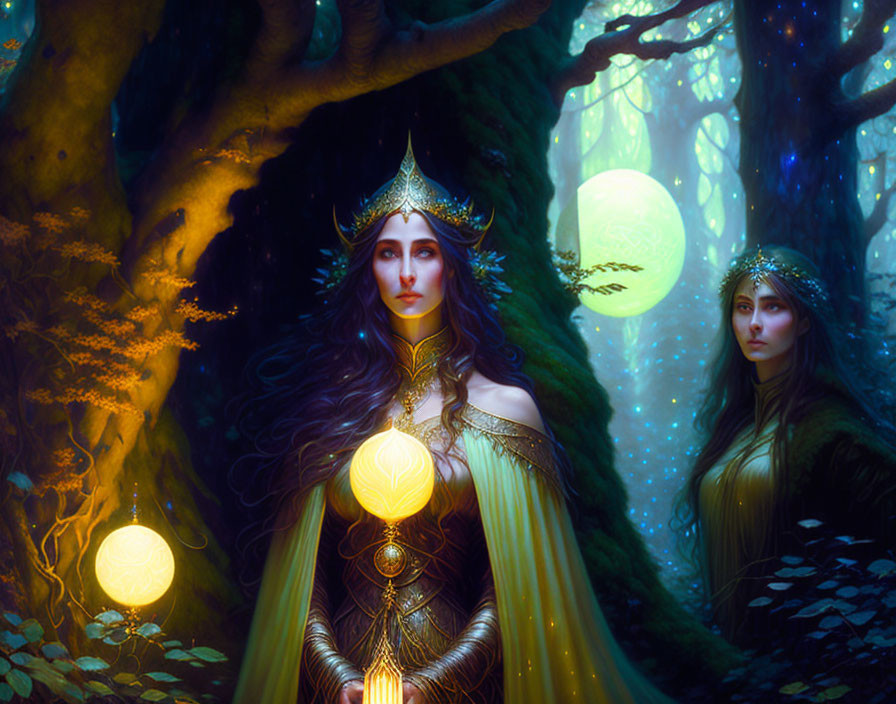 Fantasy Artwork: Two Elven Women in Mystical Forest with Glowing Orbs & Ancient