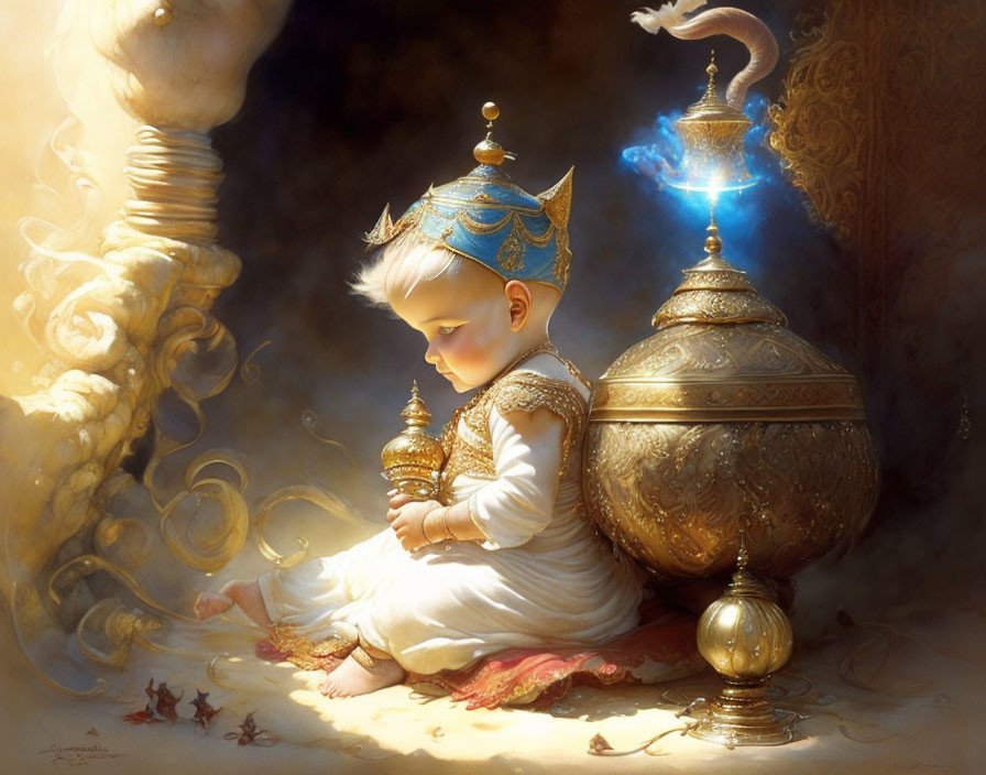 Baby King Surrounded by Opulent Objects and Magical Blue Flame