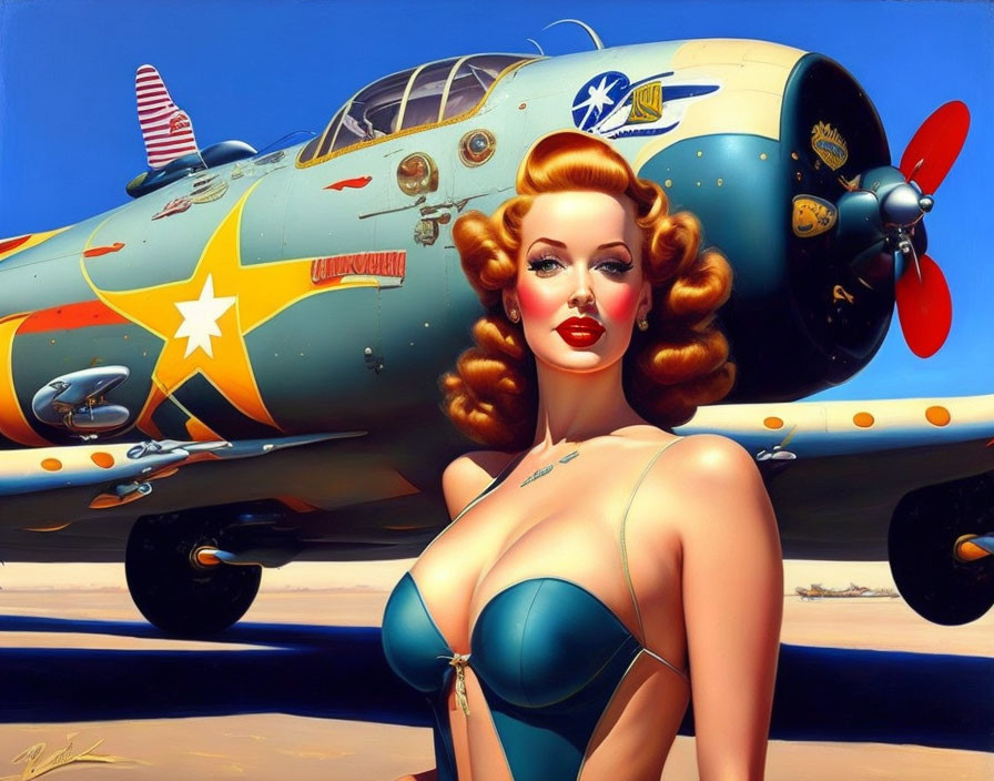 Stylized illustration of glamorous woman with vintage fighter aircraft.