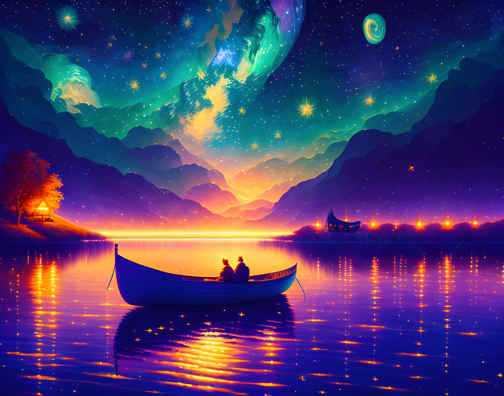 Couple in boat under vibrant aurora sky on serene lake with mountains and cozy cabin