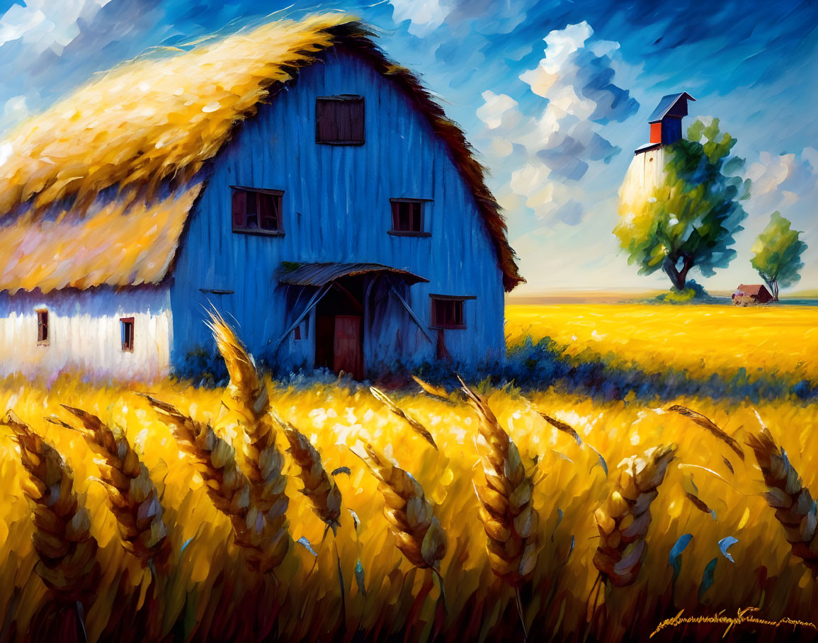 Vibrant painting of blue barn in golden wheat fields with white silo under dynamic sky