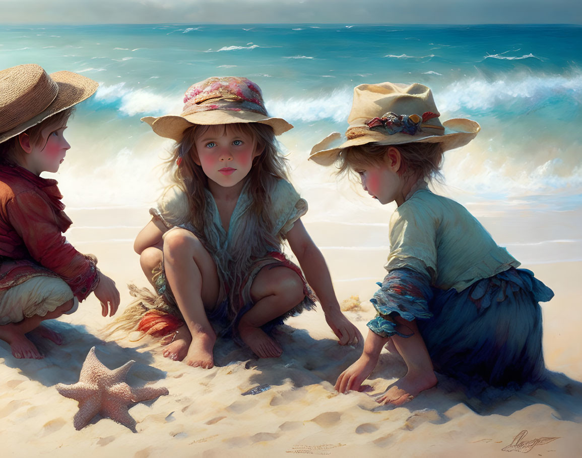 Children in sunhats with starfish on sandy beach under bright sunlight