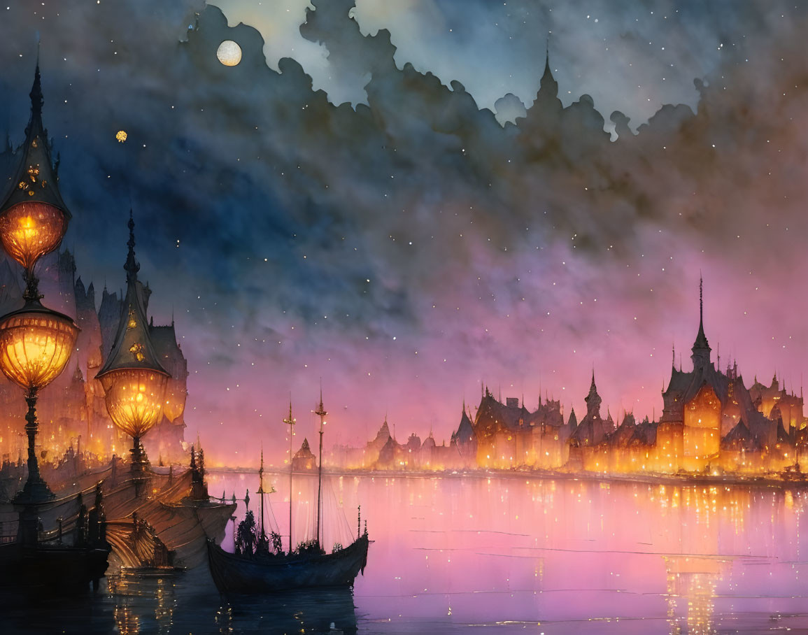 Night scene with glowing lanterns, boat on water, silhouetted spired buildings under star