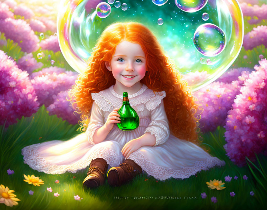 Curly Red-Haired Girl Surrounded by Bubbles and Flowers