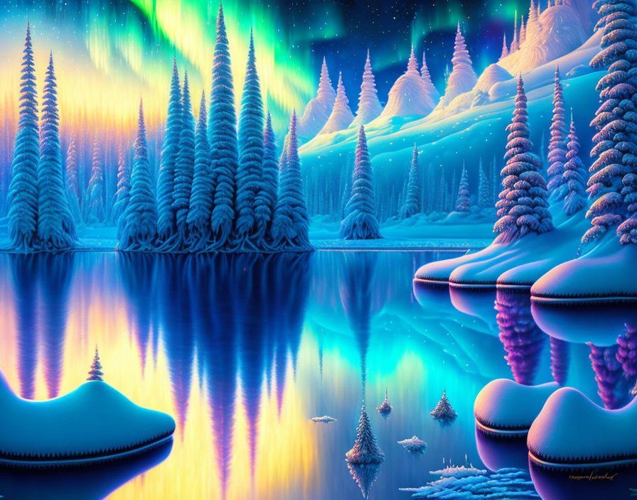 Snowy landscape with northern lights over calm lake