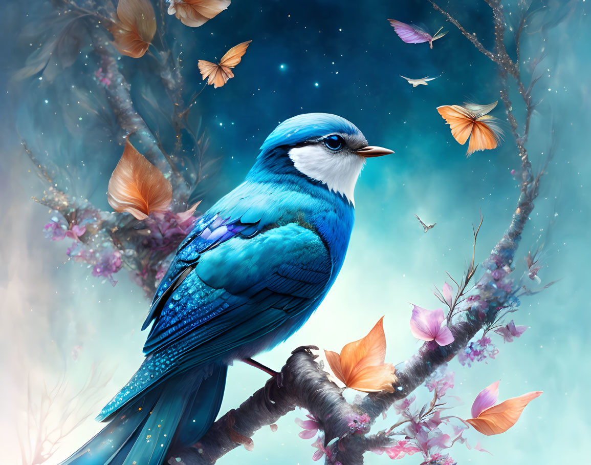 Blue Bird Perched on Branch in Dreamlike Scene